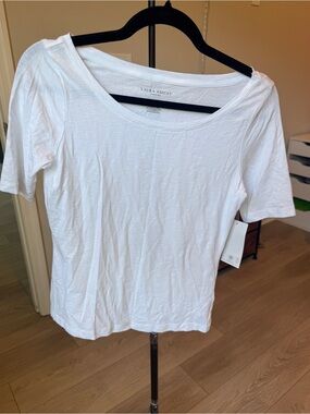 Laura Ashley Short Sleeve Boat Neck Top White Tee Casual Tee Modal Cotton  XS